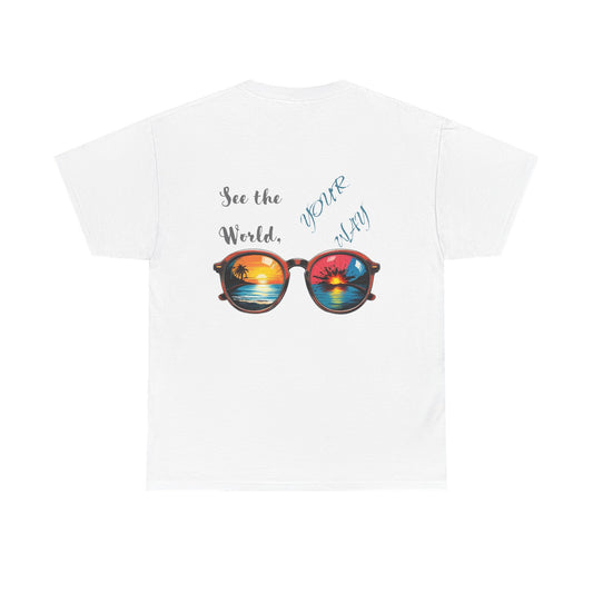 Unisex Heavy Cotton Tee - "See the World, Your Way" Retro Sunglasses Design